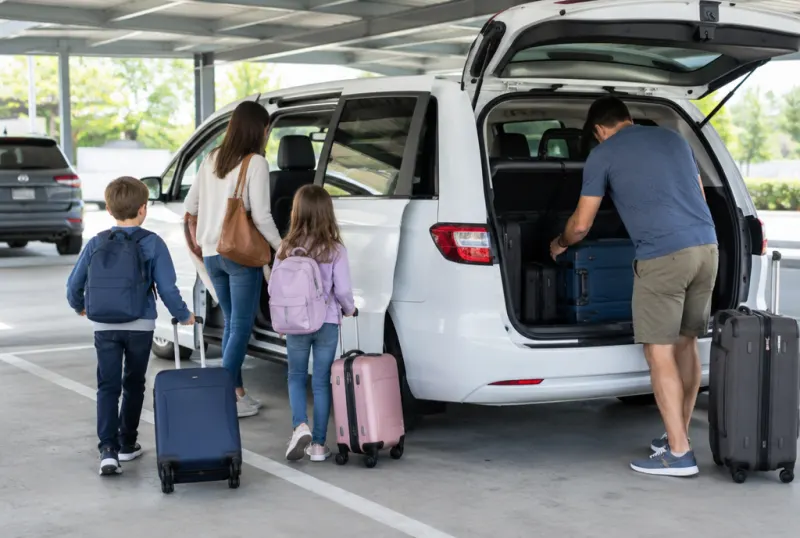 Familia subiendo valijas a una combi