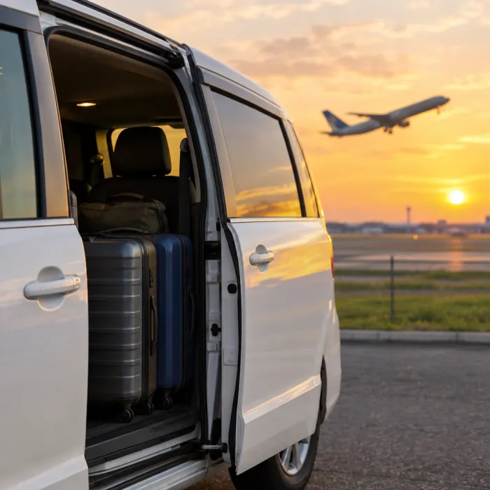 Combi con la puerta abierta lista para llevar pasajeros al aeropuerto