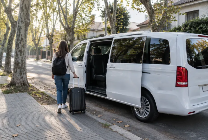 Pasajero con valija subiendo a una combi en una calle del conurbano